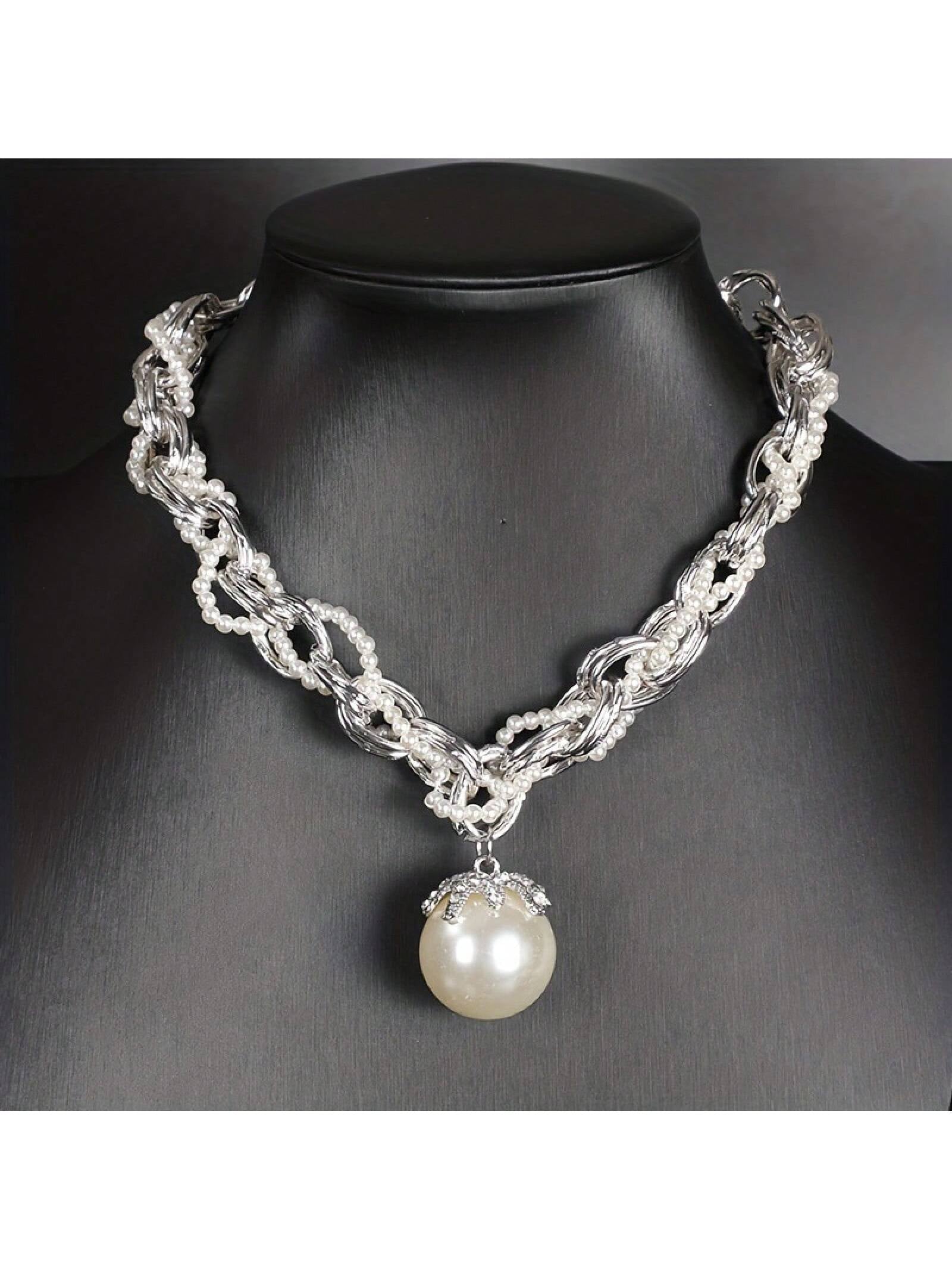 1 Piece Creative Exaggerated Thick Twisted Rope Large Imitation Pearl Diamond-Encrusted Necklace, French-Style Elegant, Luxurious and Grand Women'S Pearl Necklace, Accessory for Parties, Banquets and Birthday Gift-Giving