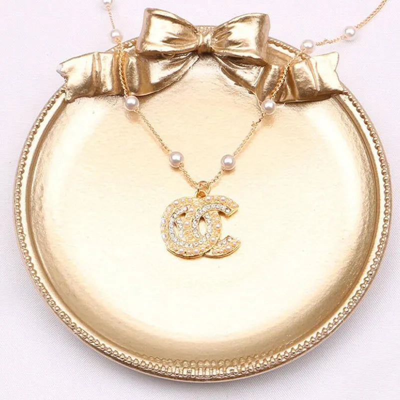 Luxury Women Designer Necklace Choker Chain Crystal Rhinestone 18K Gold Plated C-Letter Pendants Necklaces Statement Wedding Jewelry XL0002