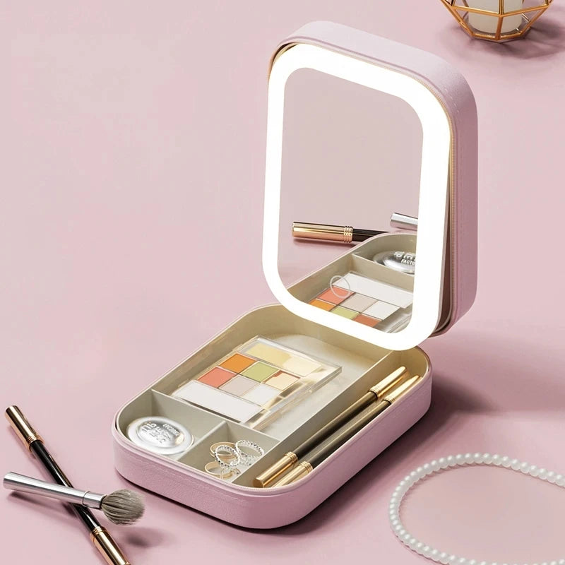 LED Mirror Makeup Storage Box Cosmetics Storage Box Fashion Portable Travel Makeup Bag Simple Makeup Case with Mirror for Woman