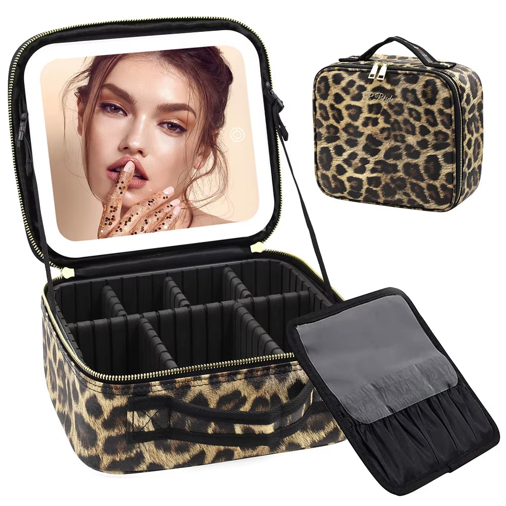 Makeup Bag with Light up Mirror, Travel Makeup Case with Mirror and Lights, Lighted Cosmetic Train Case with 3 Color Settings, M