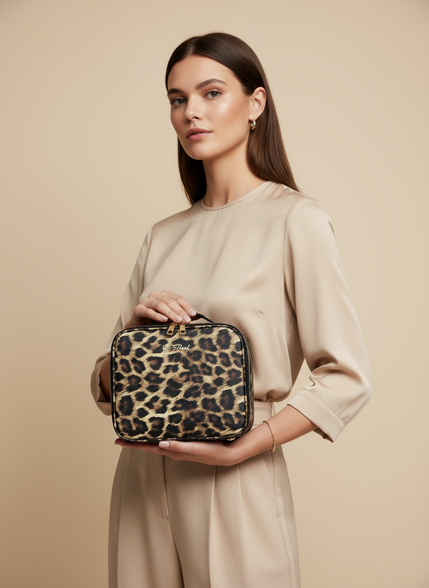 Lifestyle photo with person holding makeup bag