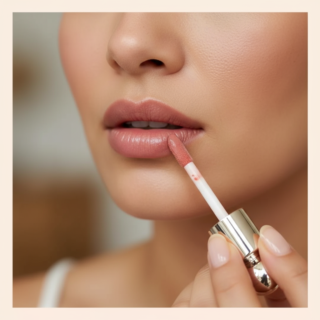 Woman applying Rare Beauty lip gloss