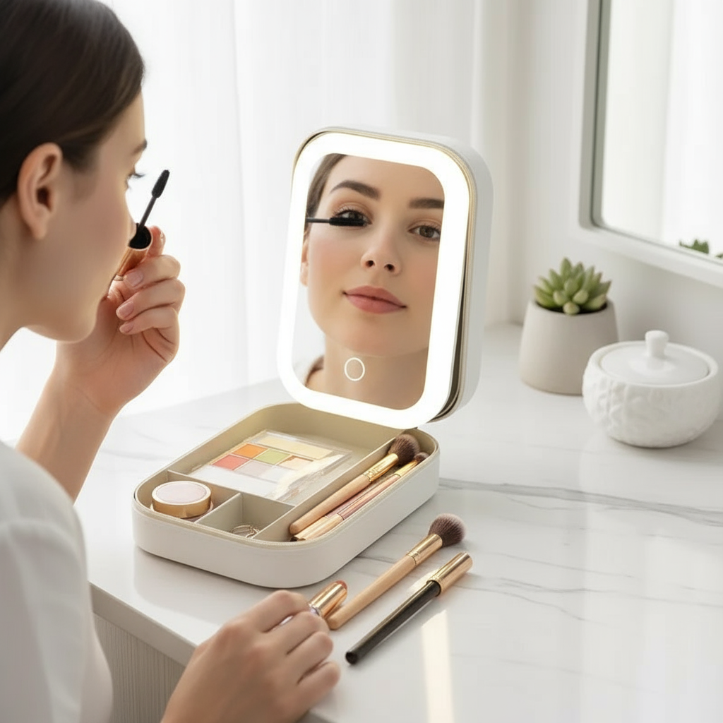 Woman using LED makeup mirror